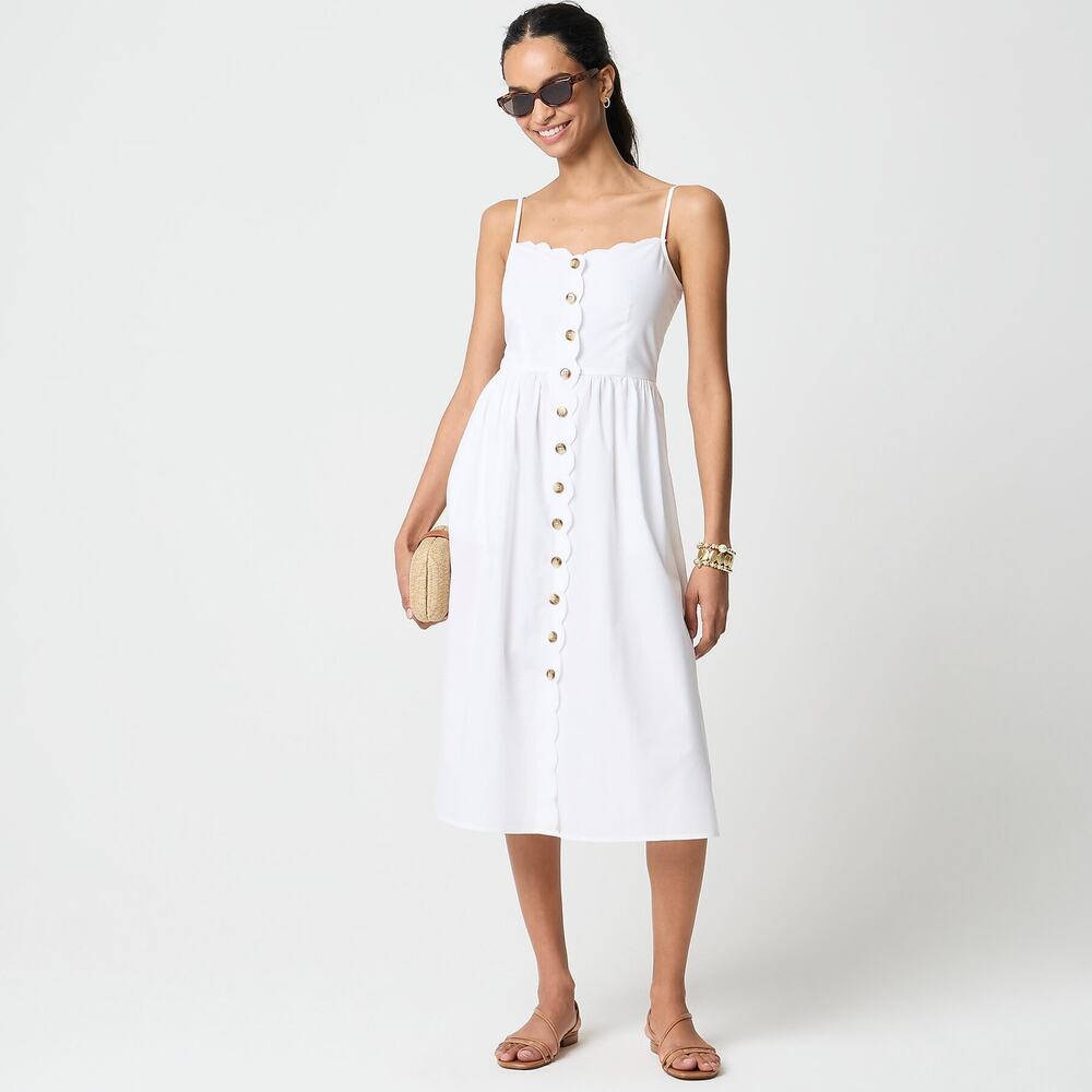 NWT J. Crew Scallop Trim Midi Dress Sleeveless Button Front White Womens Size 10